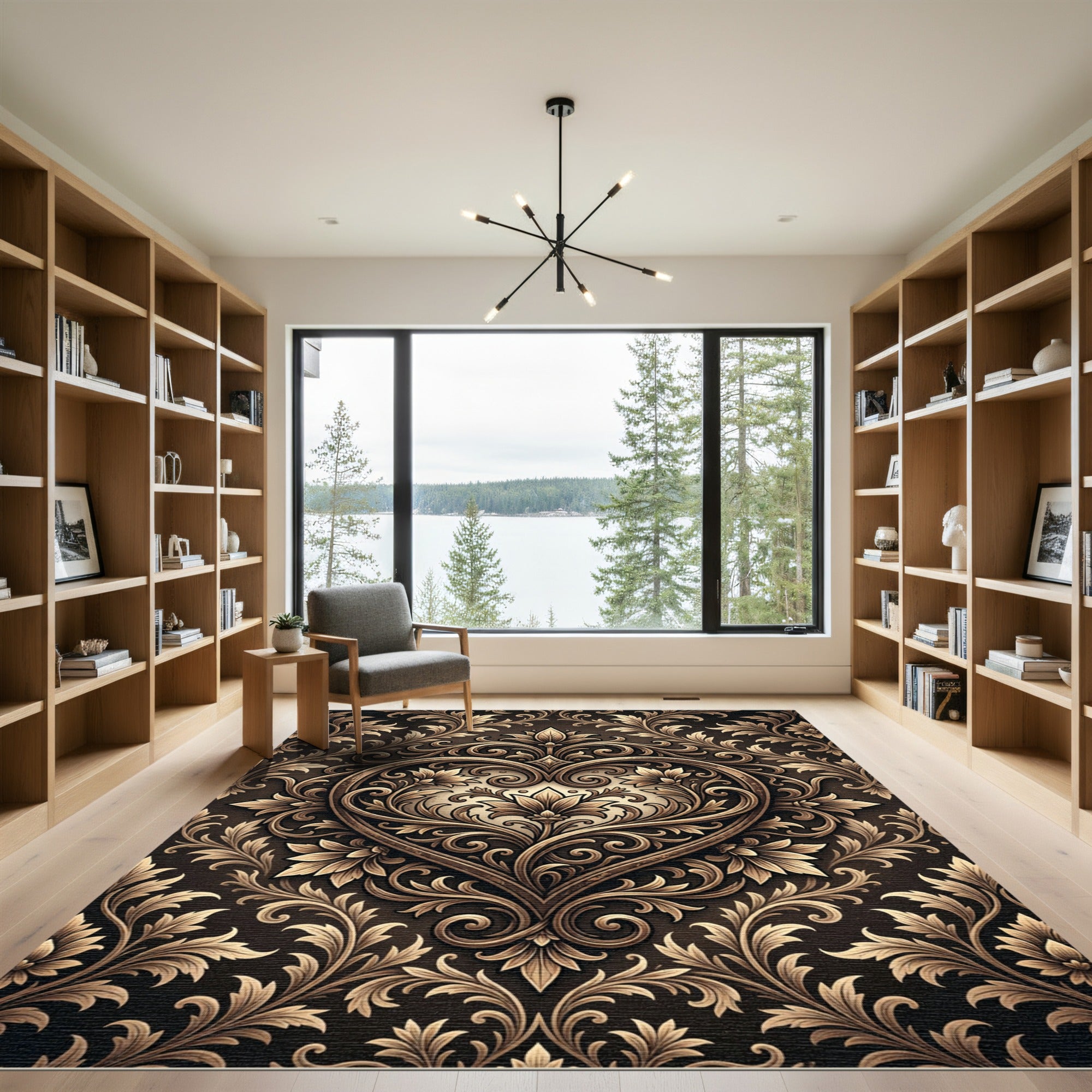 Elegant Bronze Ornate Heart Damask Rug