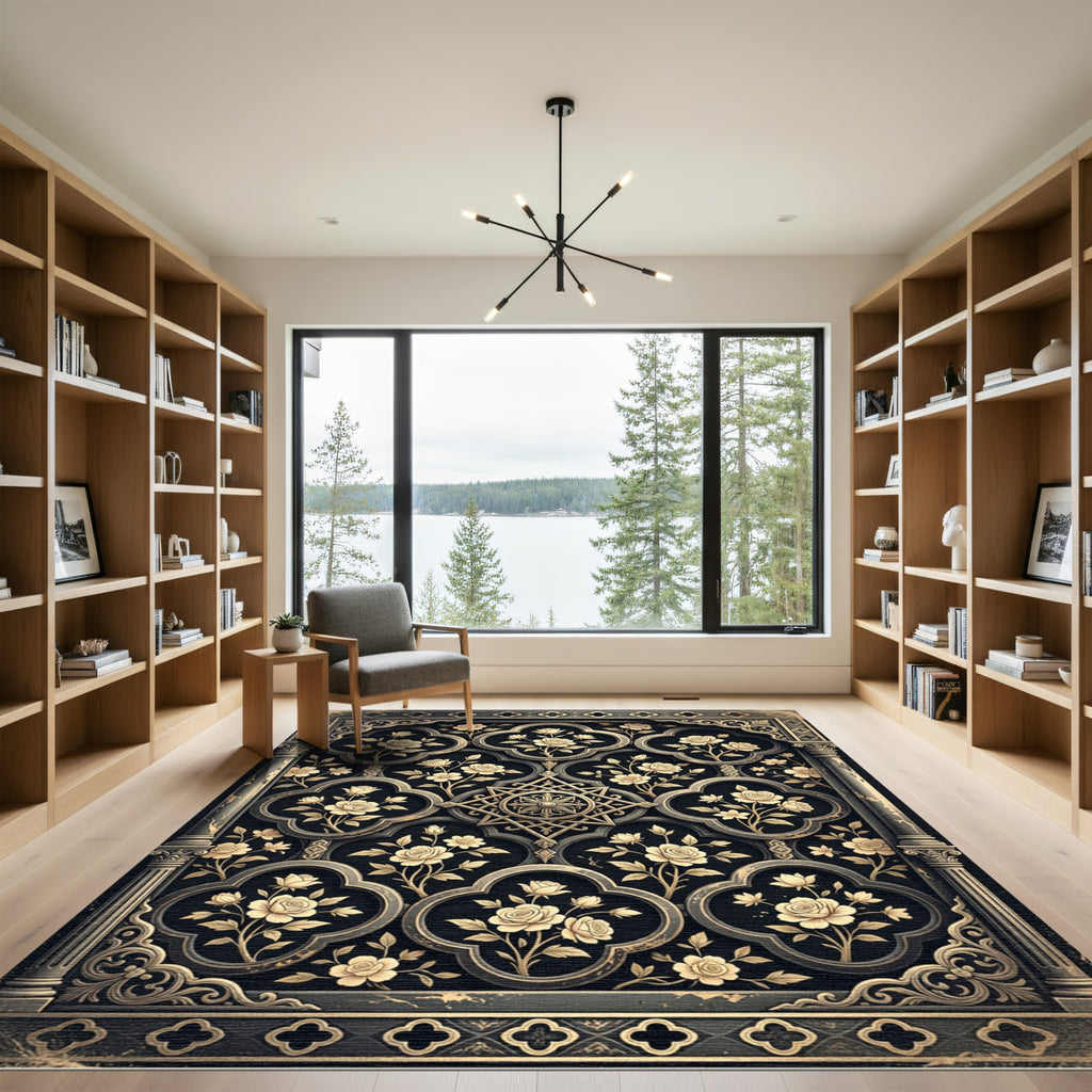Ornate Gold Rose Damask Black Medallion Rug