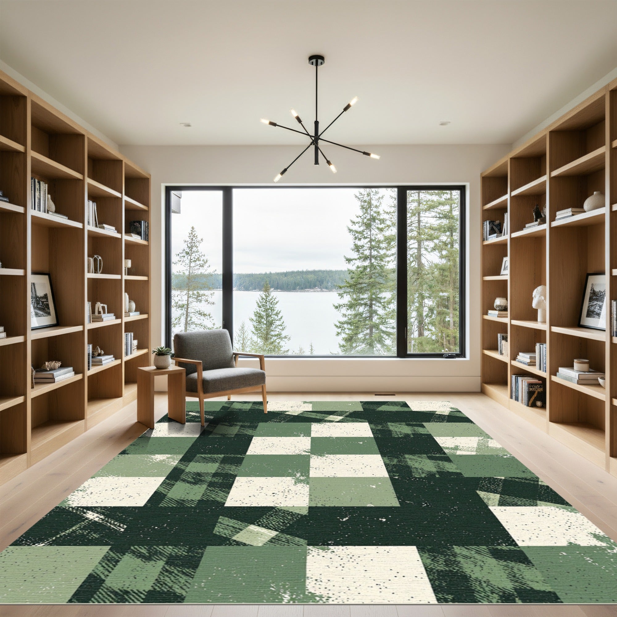 Rustic Sage Green Distressed Buffalo Check Rug