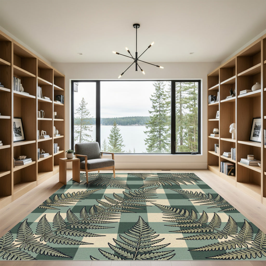 Green Beige Fern Buffalo Plaid Rug