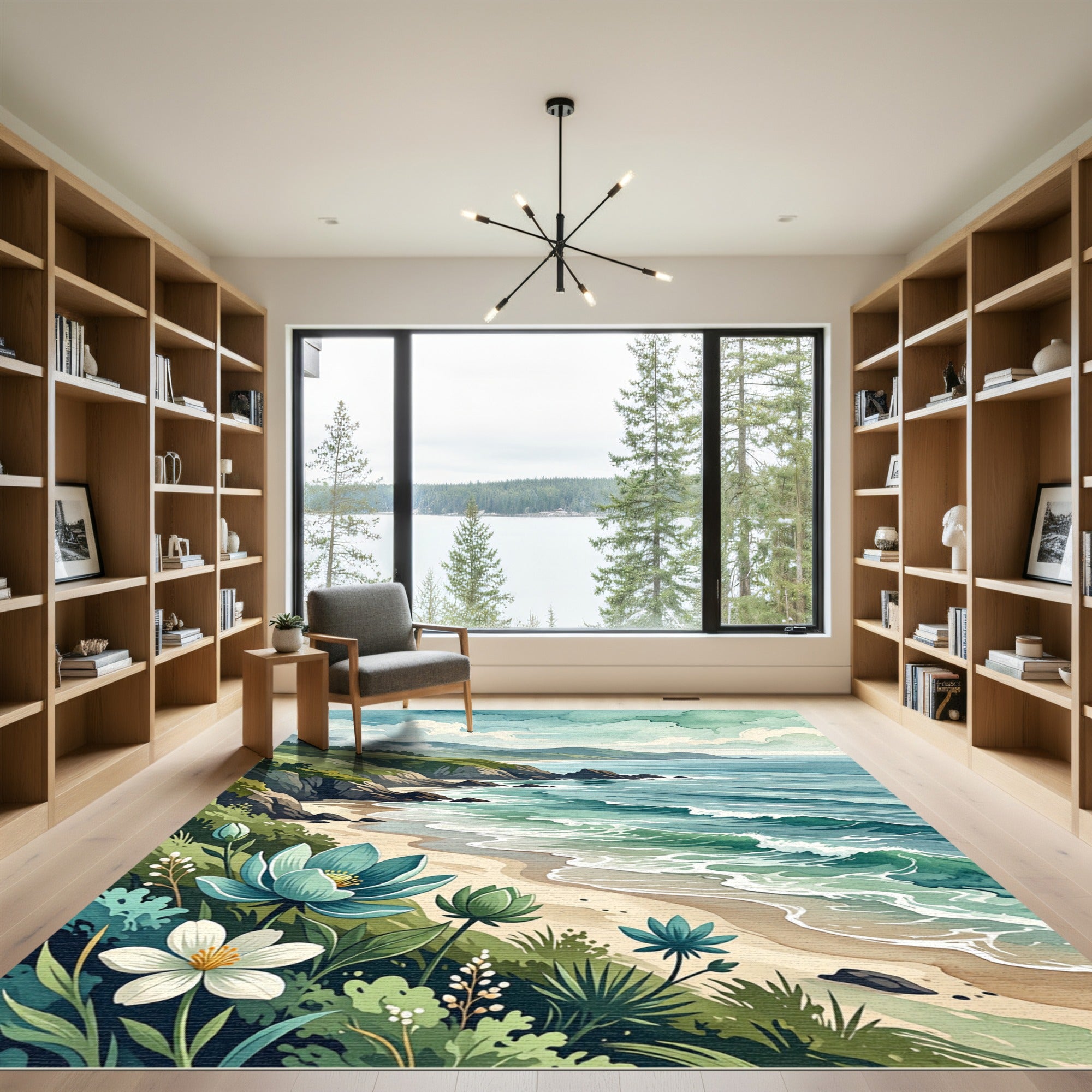 Coastal Landscape with Teal Floral Hills Rug