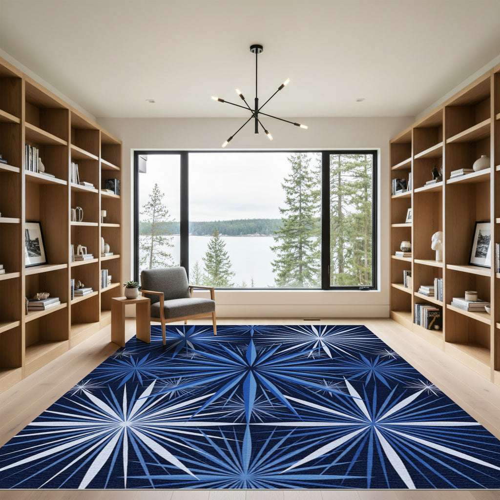 Celestial Navy Blue Starburst Mosaic Rug