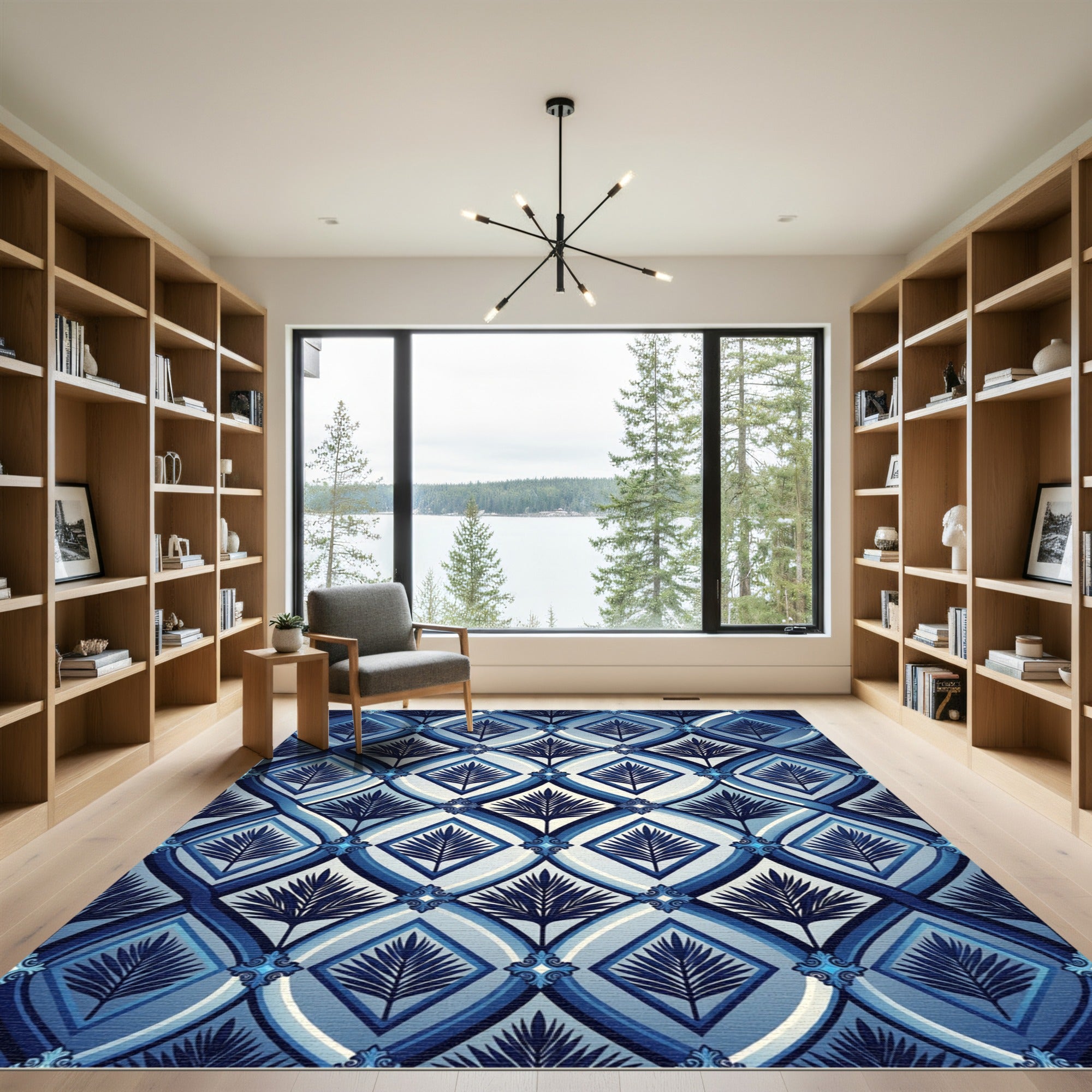 Deep Blue Diamond Deco Palm Rug