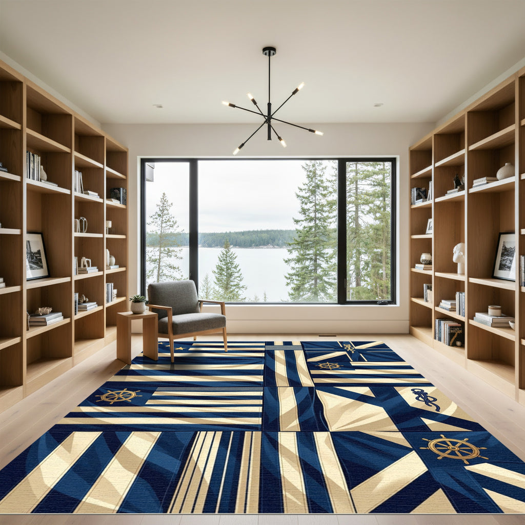 Nautical Navy Cream Segmented Mariner Grid Rug