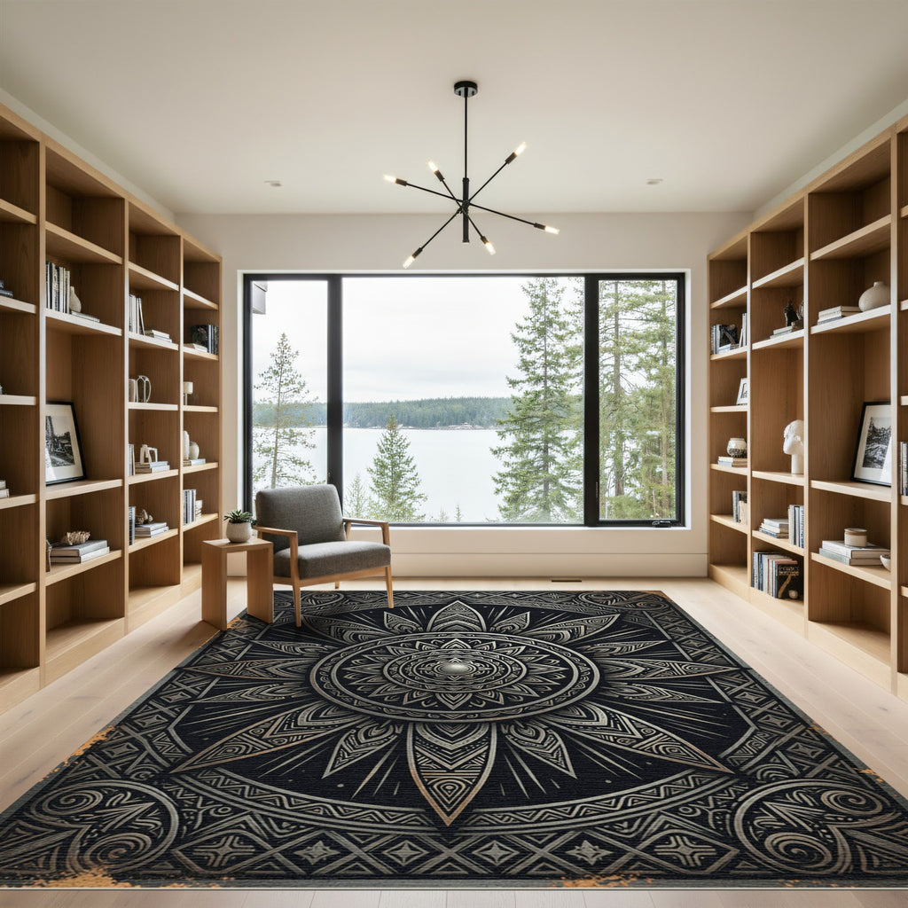 Elegant Silver Starburst Geometric Medallion Rug