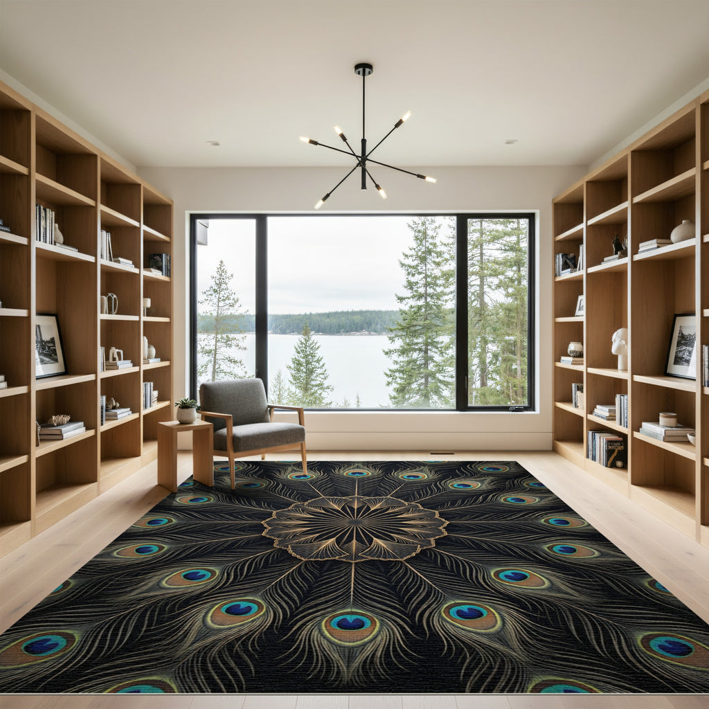 Golden Peacock Feather Mandala Medallion Rug