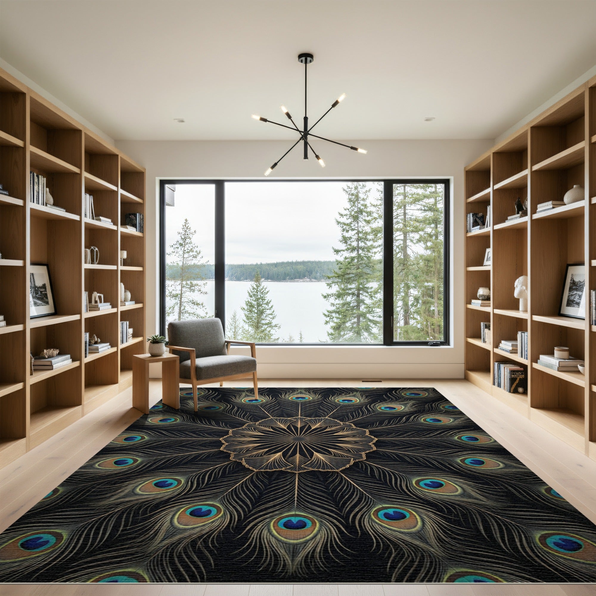 Golden Peacock Feather Mandala Medallion Rug