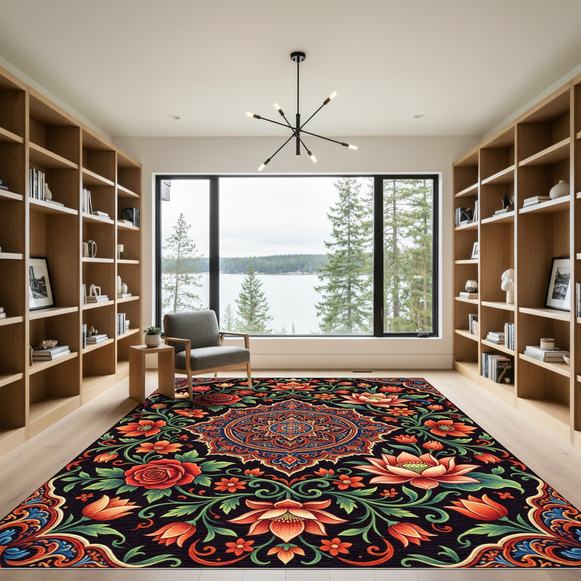 Vibrant Crimson Floral Mandala Medallion Rug