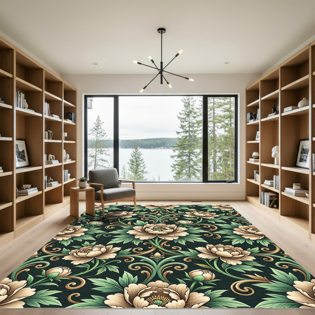 Elegant Beige Peony Dark Botanical Scroll Rug