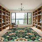 Elegant Beige Peony Dark Botanical Scroll Rug