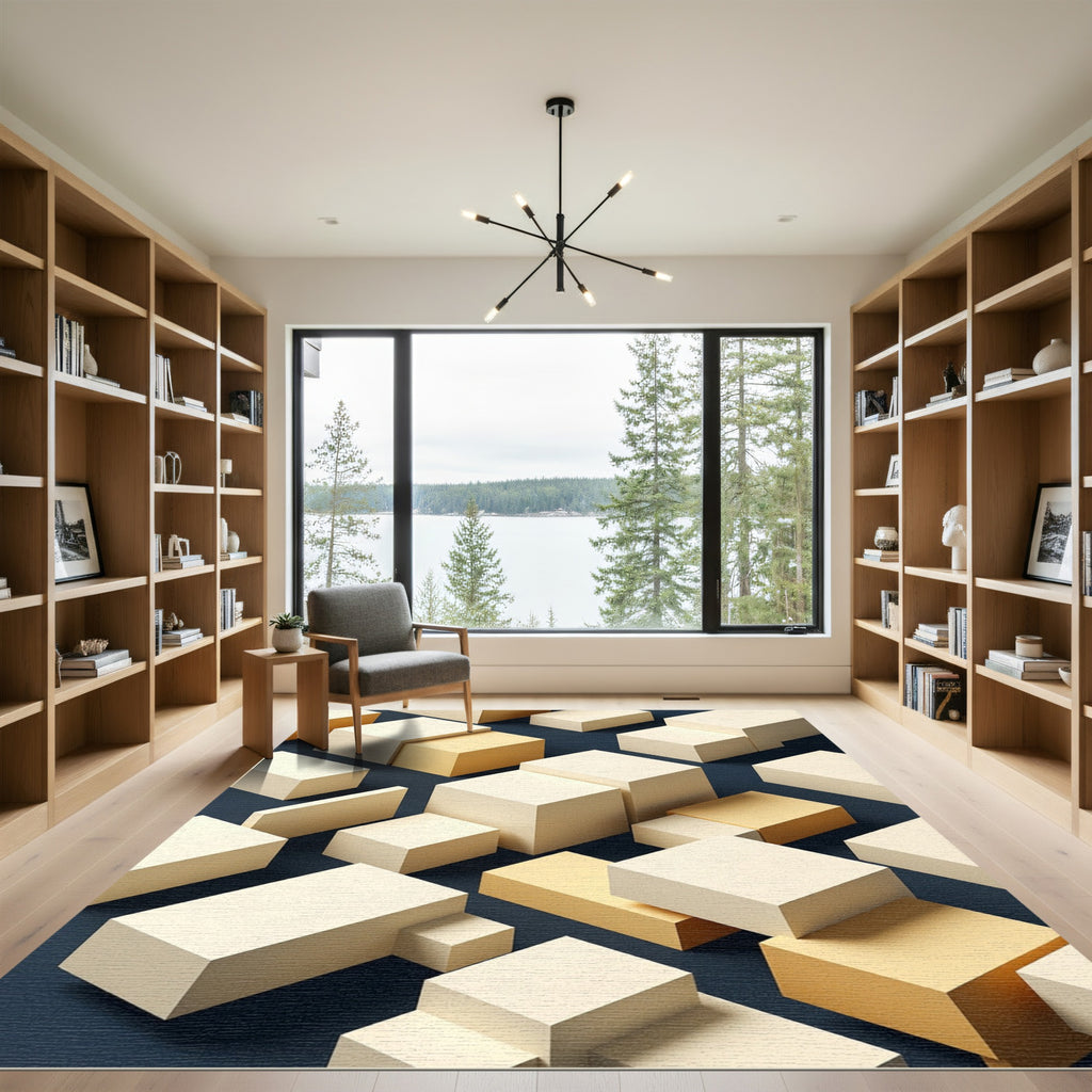 Minimalist Cream and Gold Geometric Blocks Rug