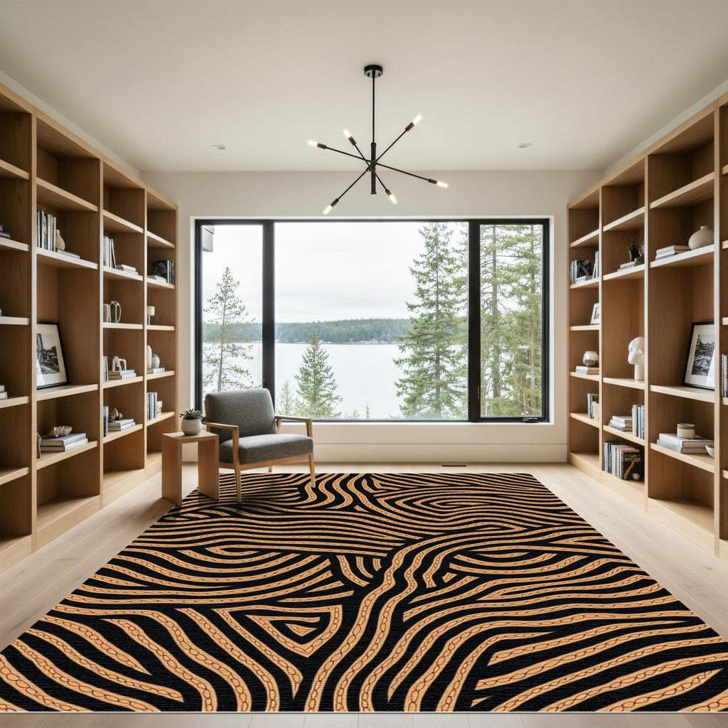 Black Amber Curled Wavy Lines Rug