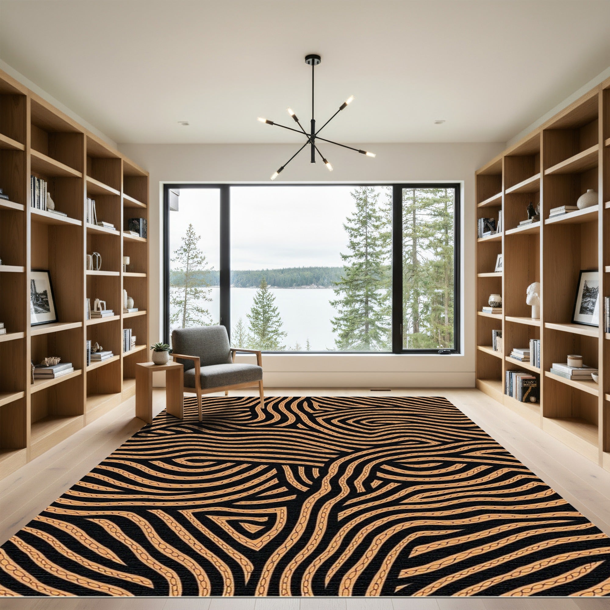 Black Amber Curled Wavy Lines Rug