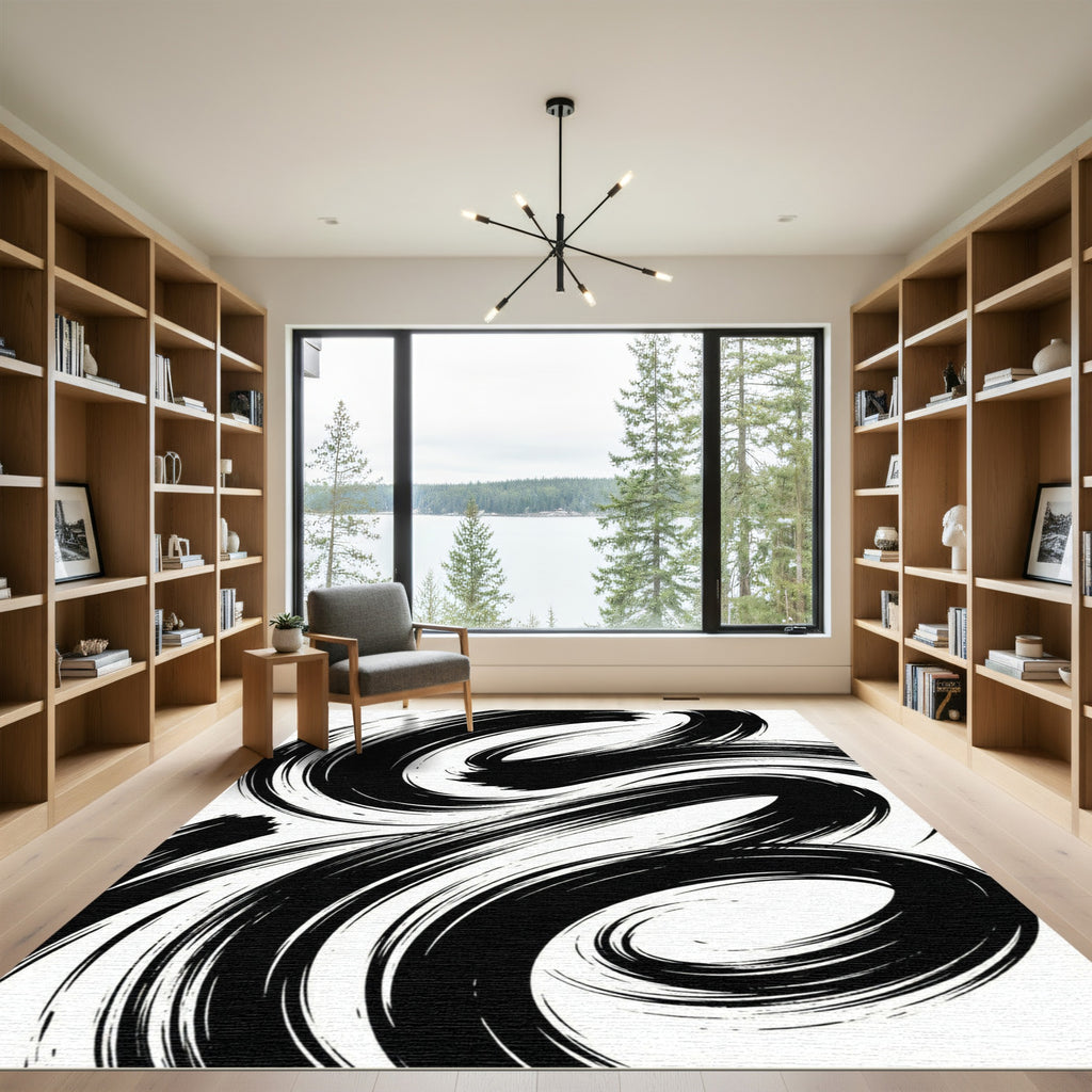 Bold Monochrome Abstract Swirl Rug