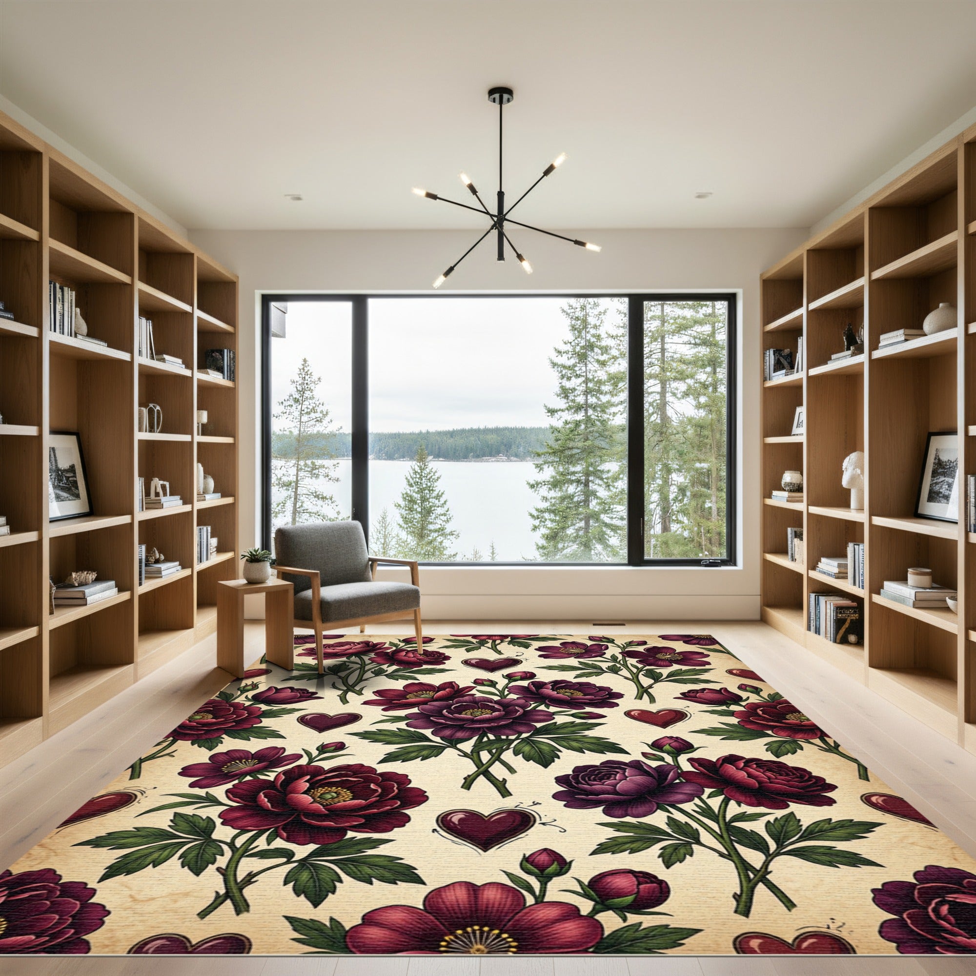 Dark Burgundy Floral Heart Botanical Rug