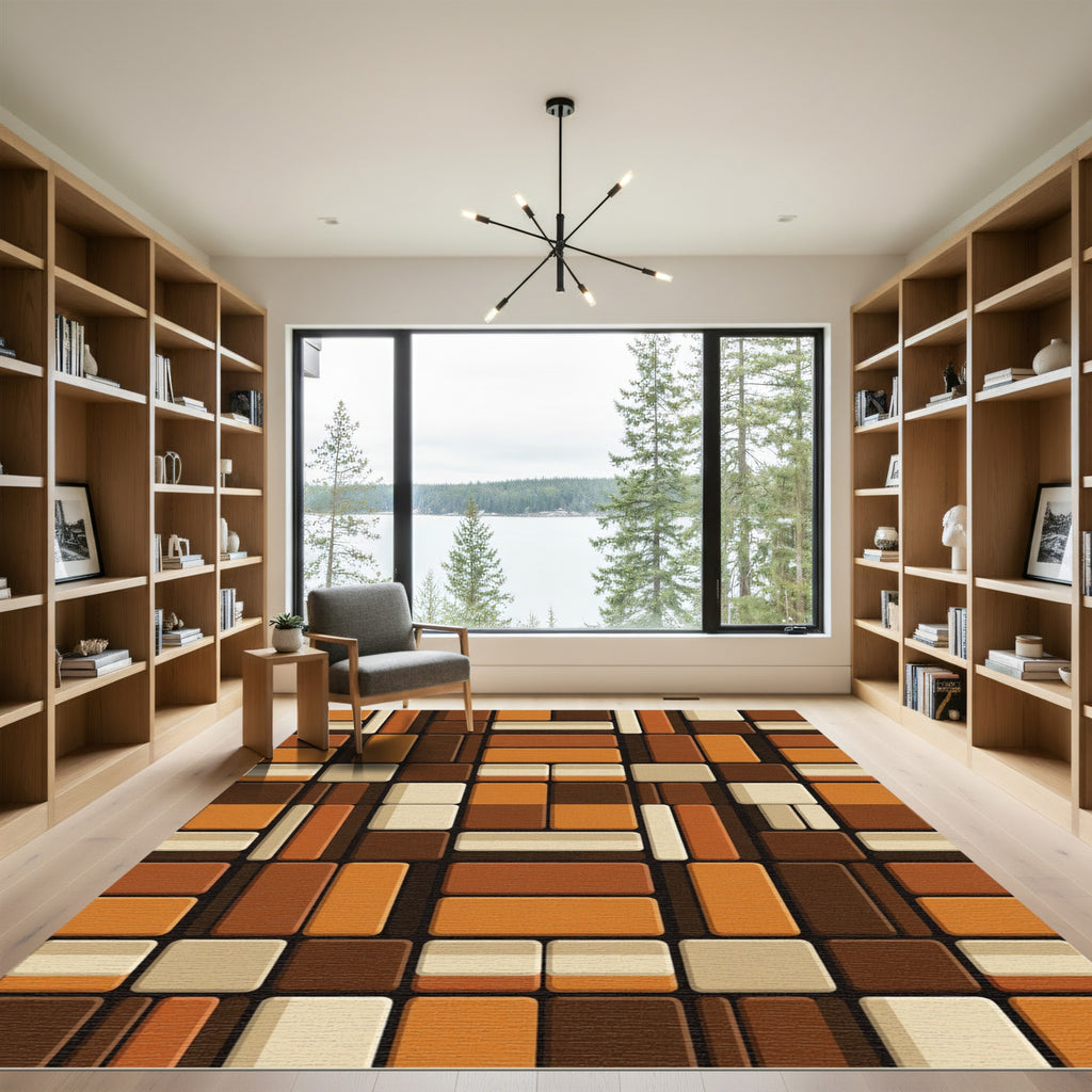 Mid-Century Earth Tone Block Grid Rug