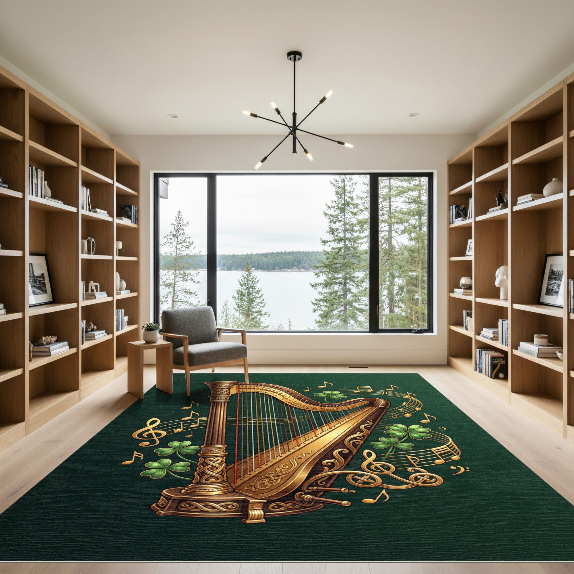 Golden Celtic Harp with Emerald Shamrocks Rug