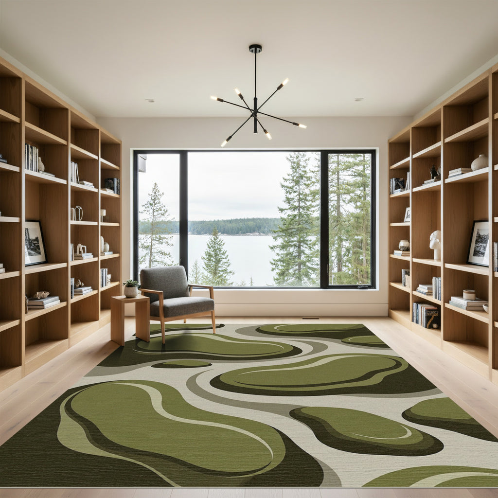 Olive Green Abstract Blob Flow Rug