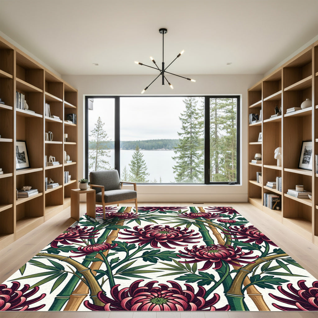 Deep Red Chrysanthemum Bamboo Panorama Rug