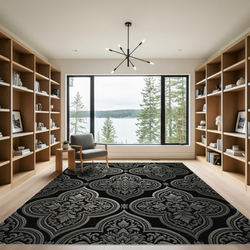 Elegant Metallic Silver Damask Trellis Rug