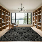 Elegant Metallic Silver Damask Trellis Rug