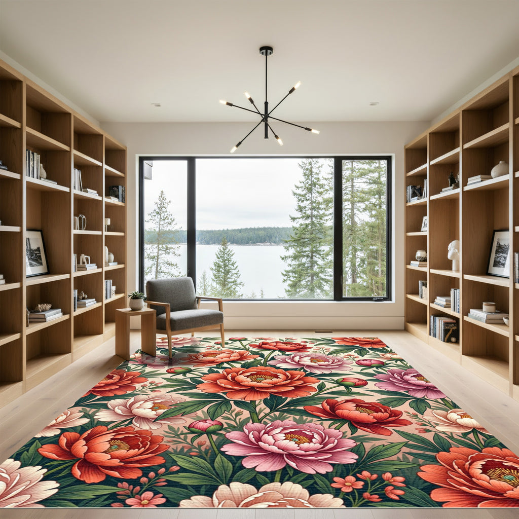 Vibrant Coral Pink Peony Garden Rug