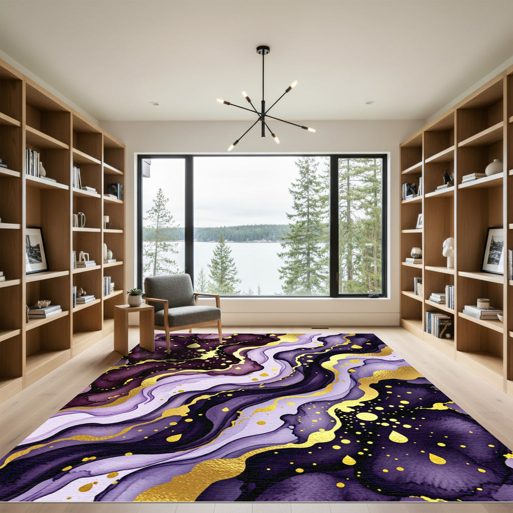 Violet And Gold Marble Flow Abstract Rug