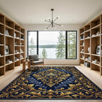 Elegant Golden Filigree Navy Damask Rug