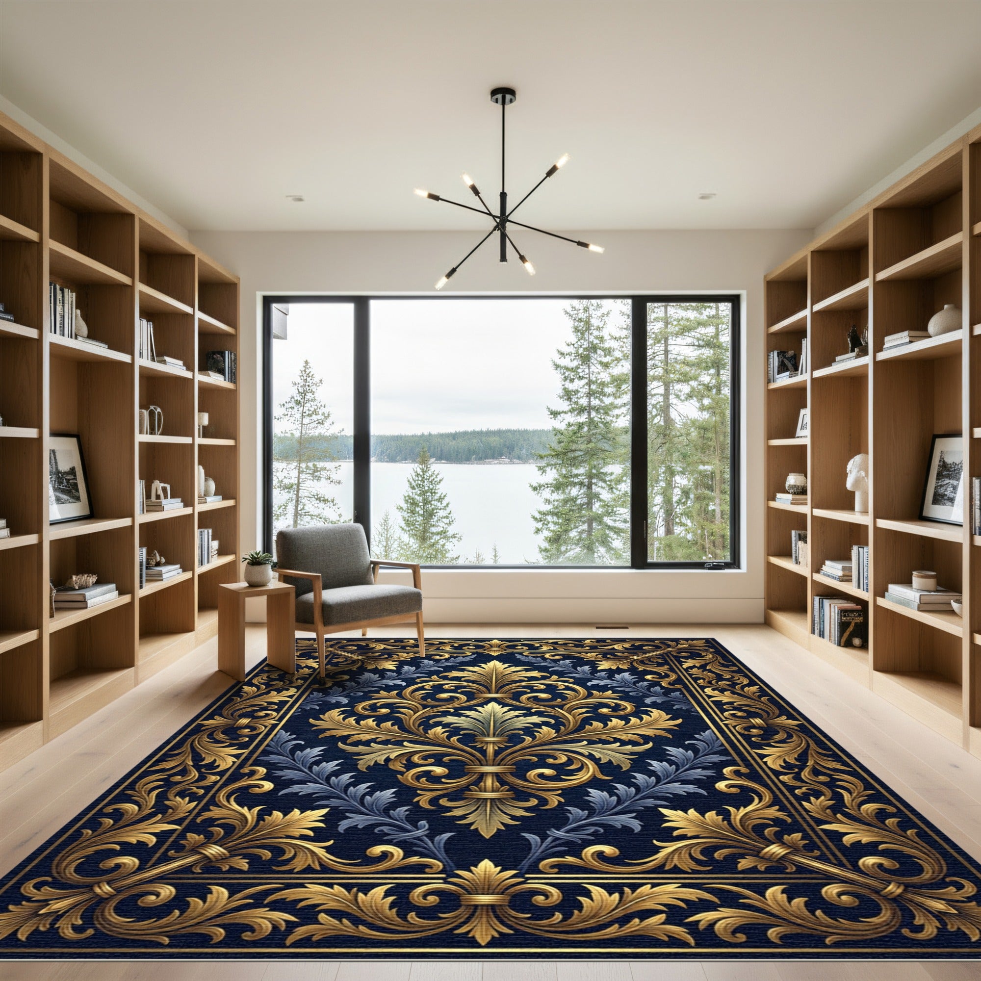 Elegant Golden Filigree Navy Damask Rug