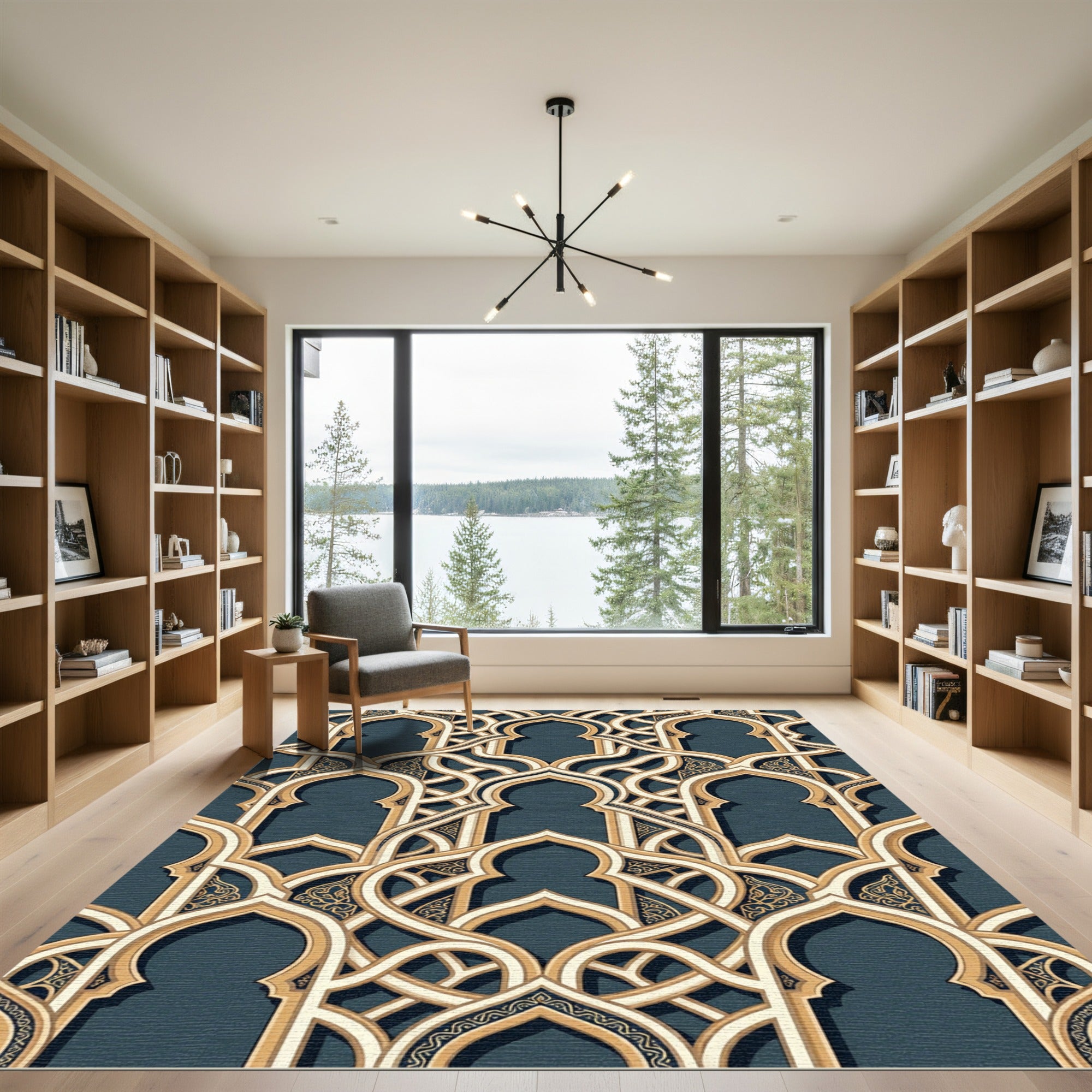 Gold Intricate Arch Lattice Navy Area Rug