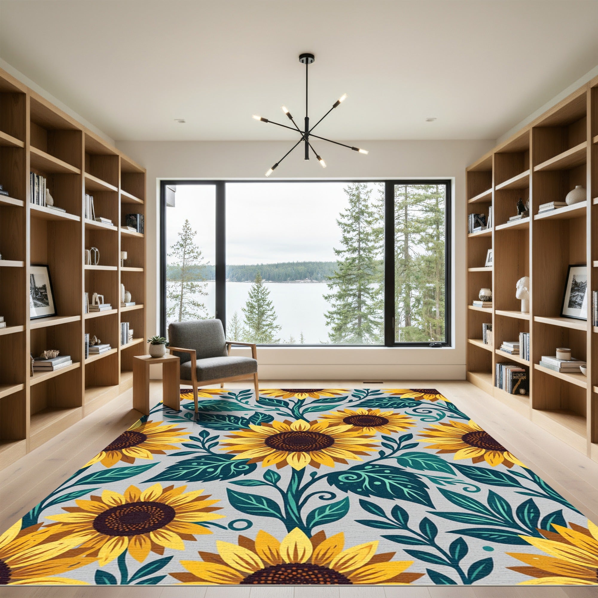Sunny Yellow Sunflower Botanical Gray Rug