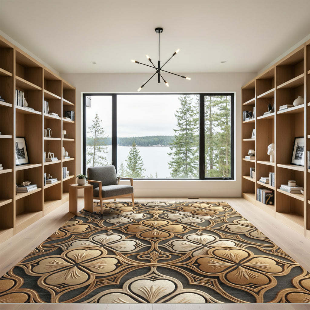 Gold Ivory Quatrefoil Arabesque Rug