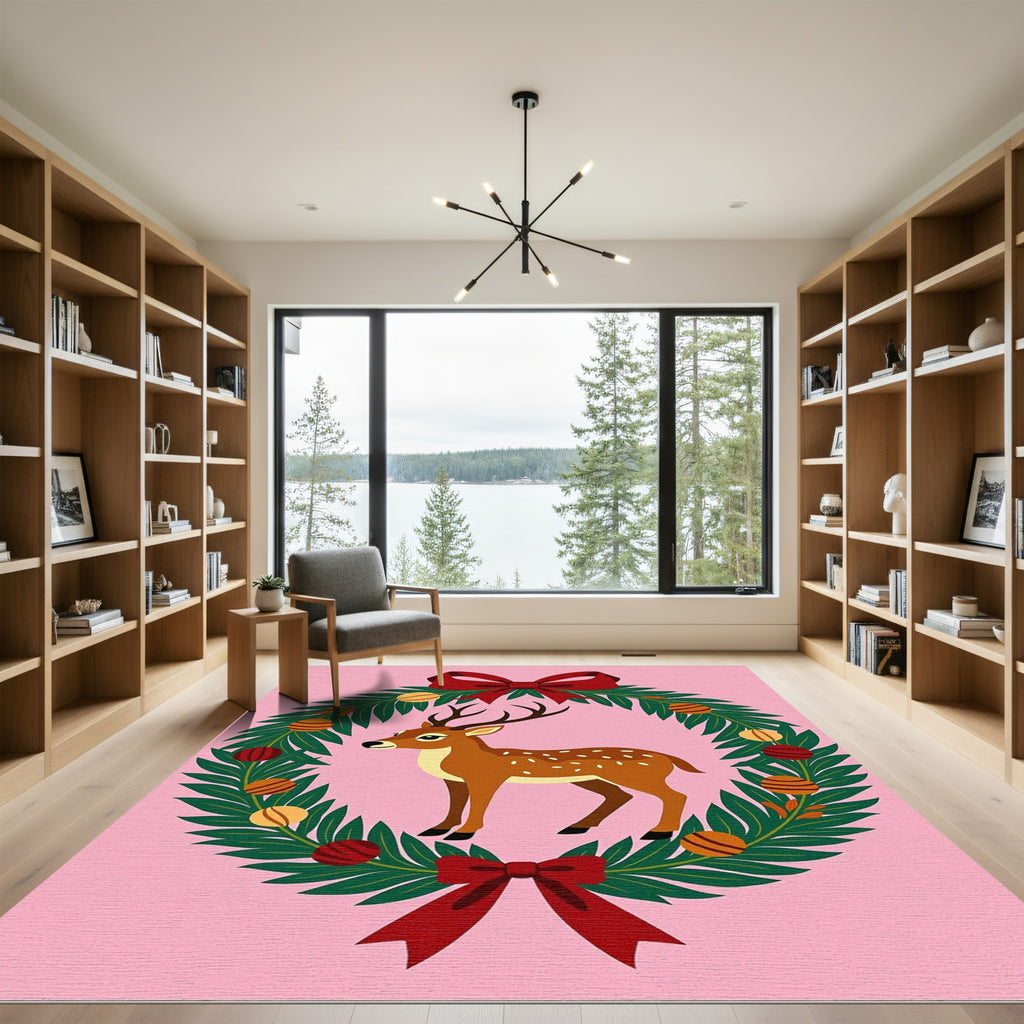 Festive Deer Wreath with Red Bows Rug