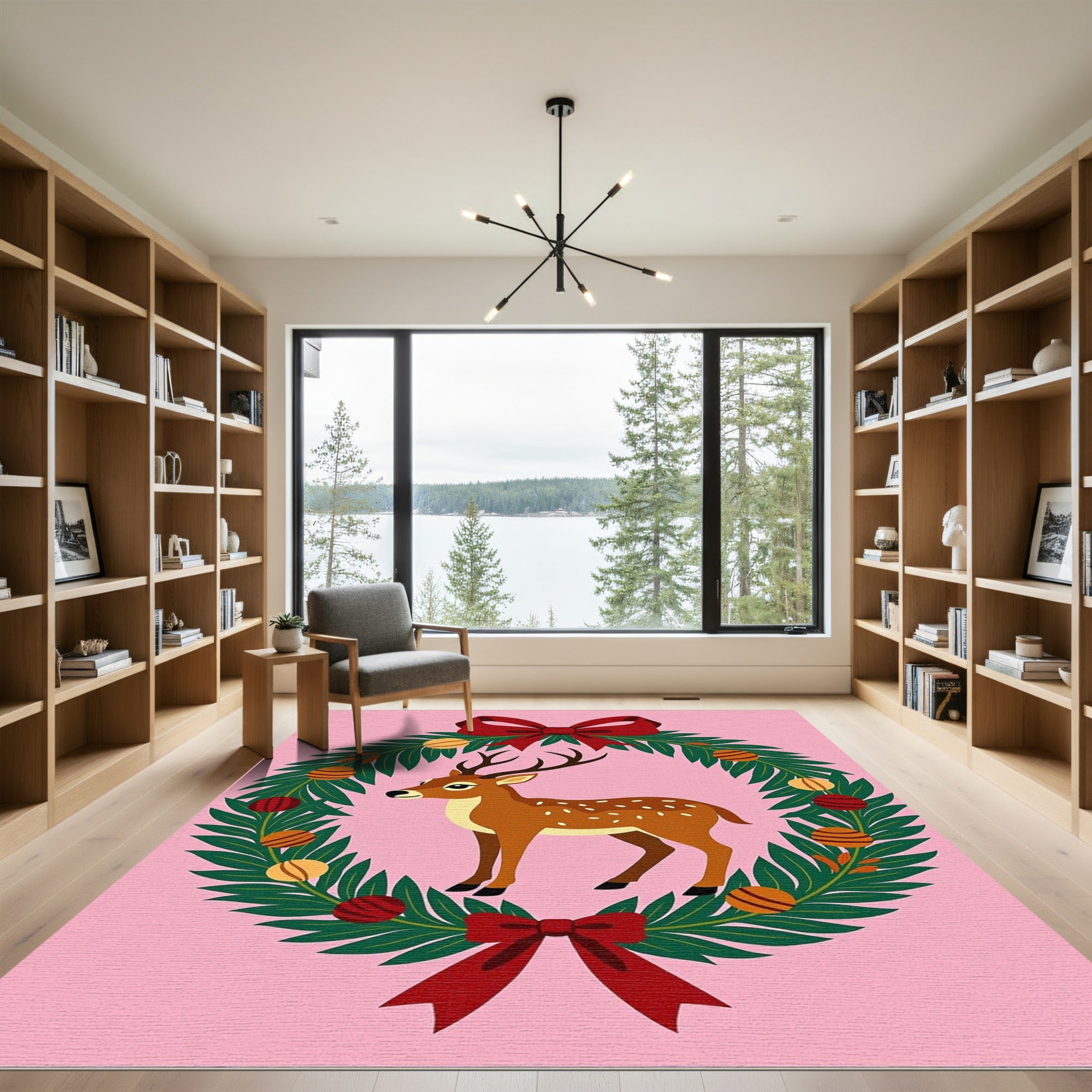 Festive Deer Wreath with Red Bows Rug