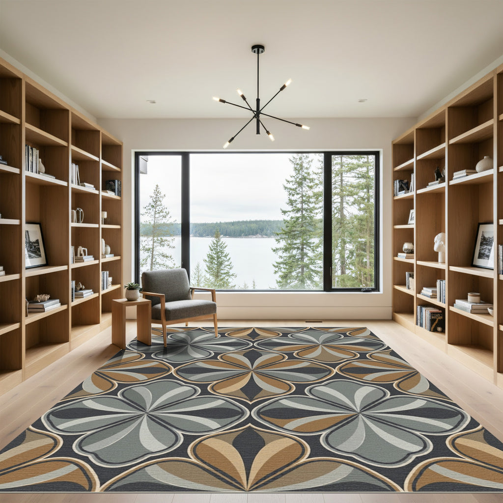 Sophisticated Earthy Toned Geometric Floral Rug