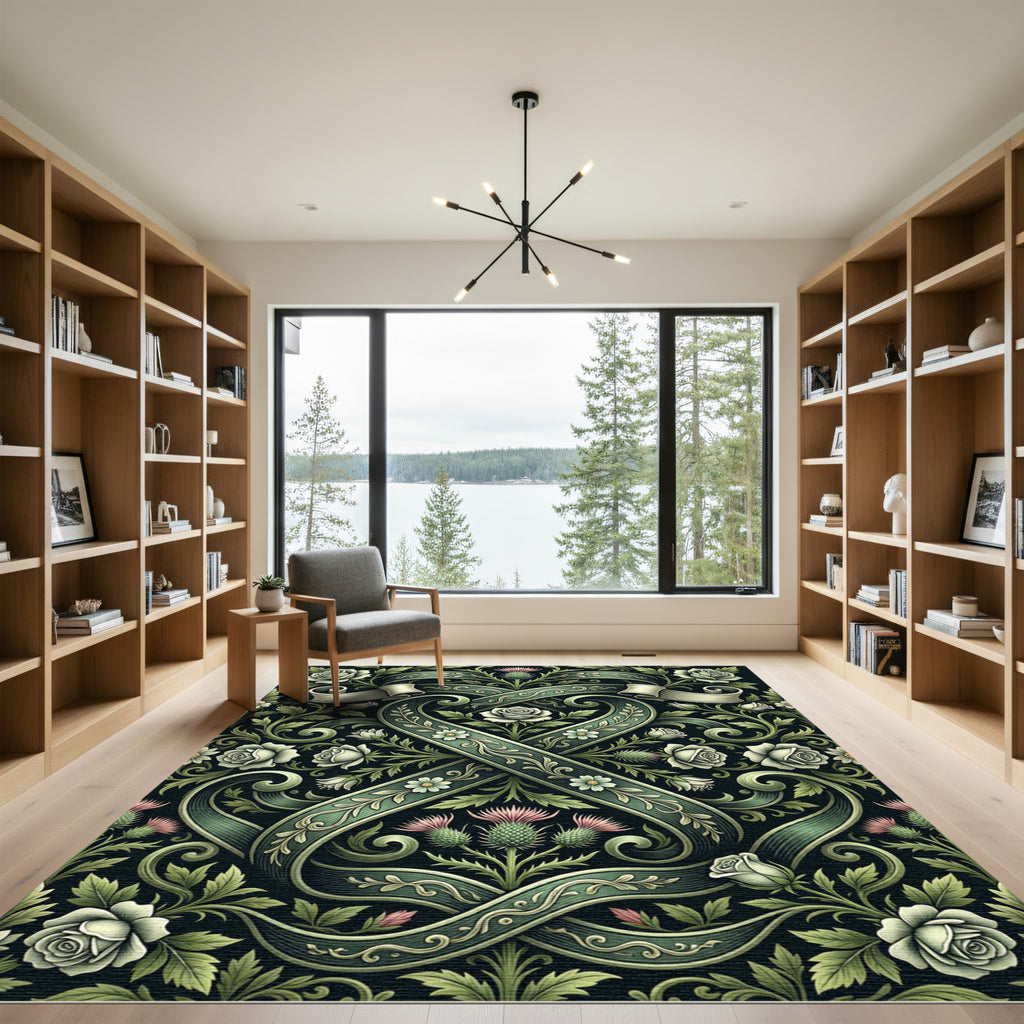 Emerald Green Floral Thistle Heart Ribbon Rug