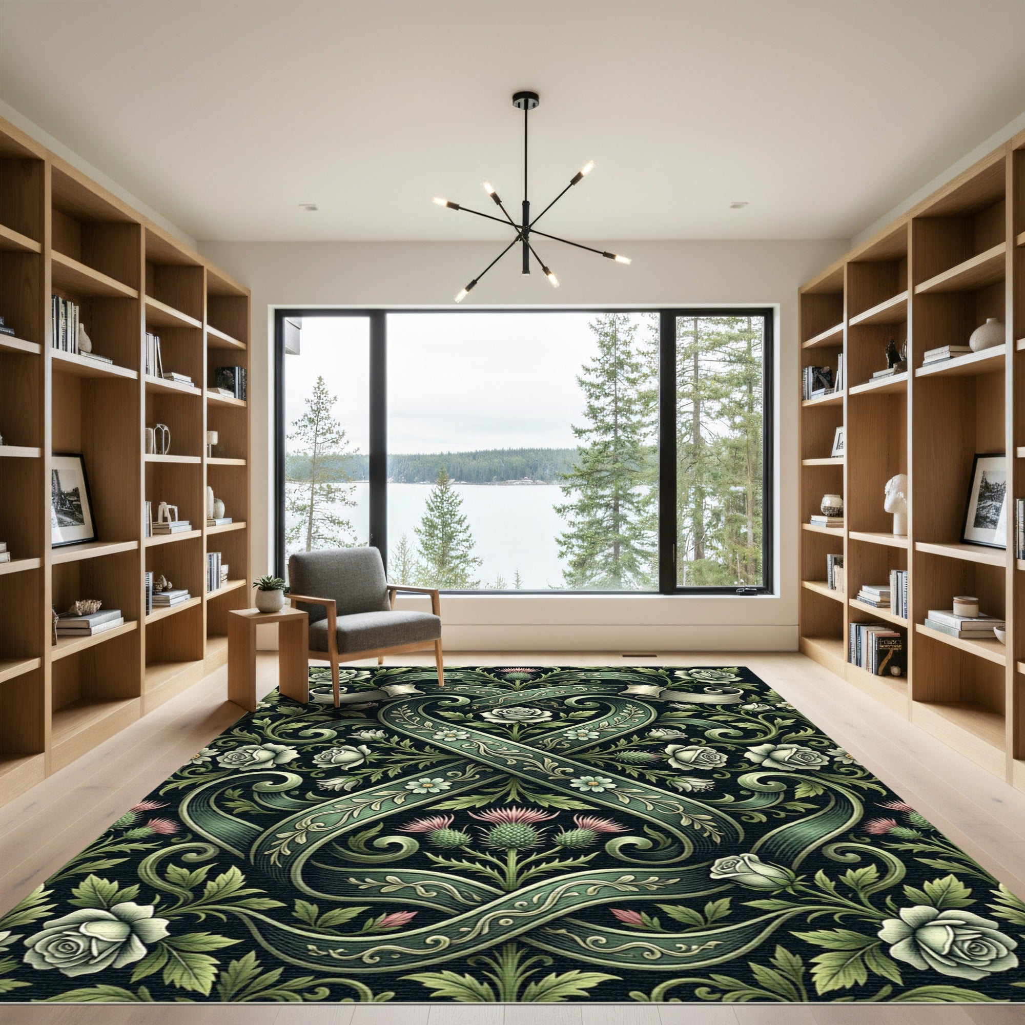 Emerald Green Floral Thistle Heart Ribbon Rug