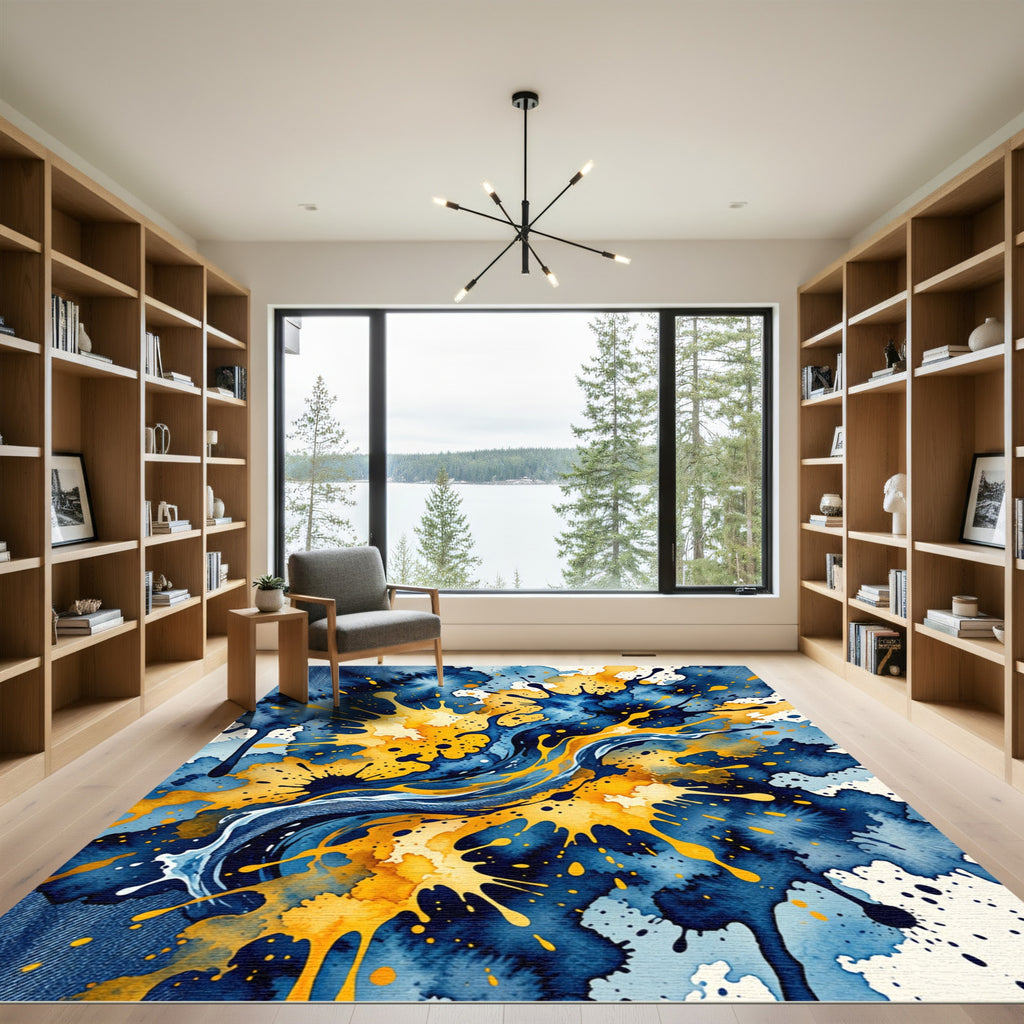 Abstract Navy and Golden Yellow Splash Rug