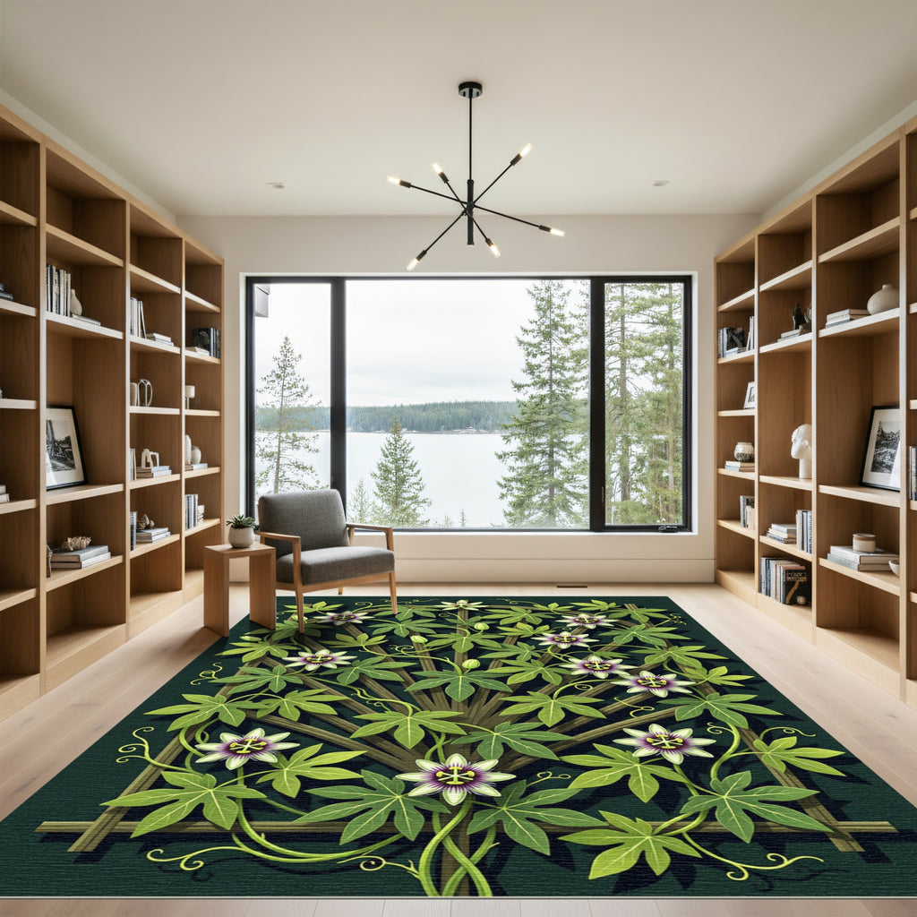 Botanical Passion Flower Forest Green Trellis Rug
