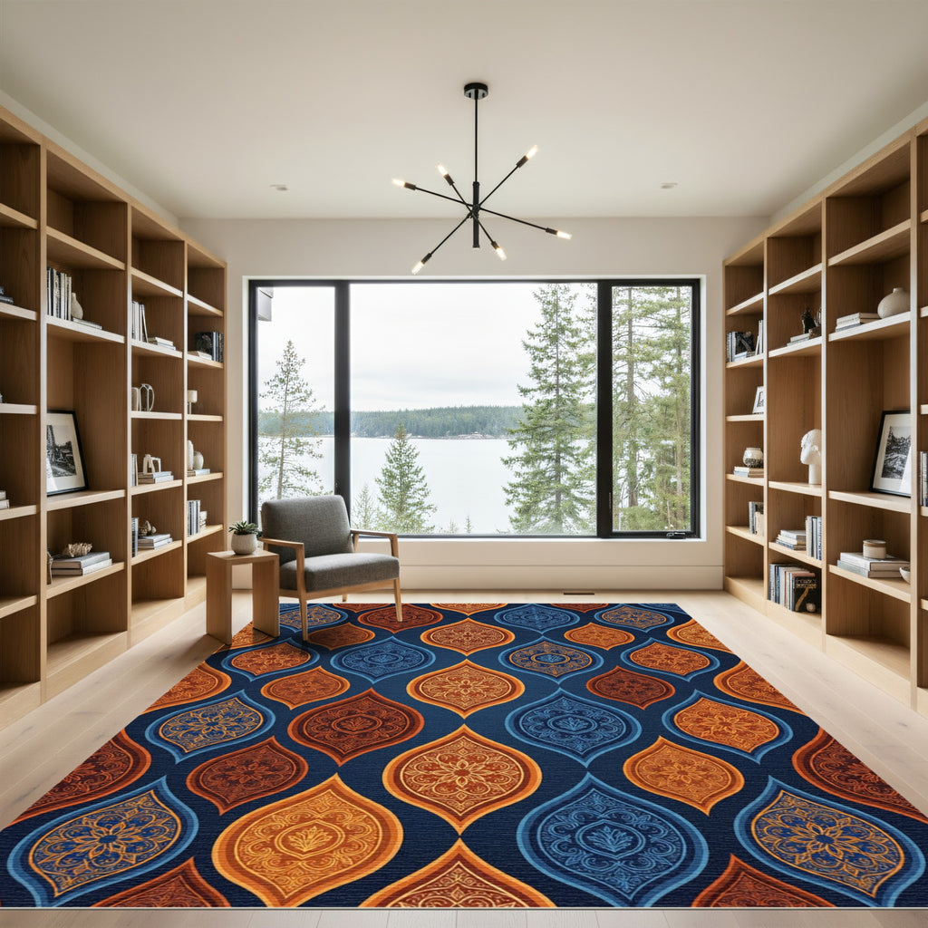 Ornate Navy and Copper Damask Medallion Rug