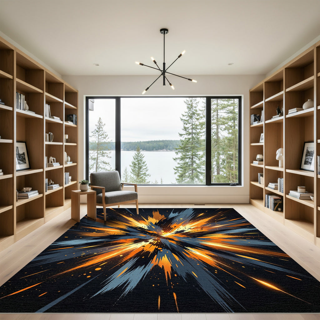 Dynamic Orange Blue Abstract Burst Rug