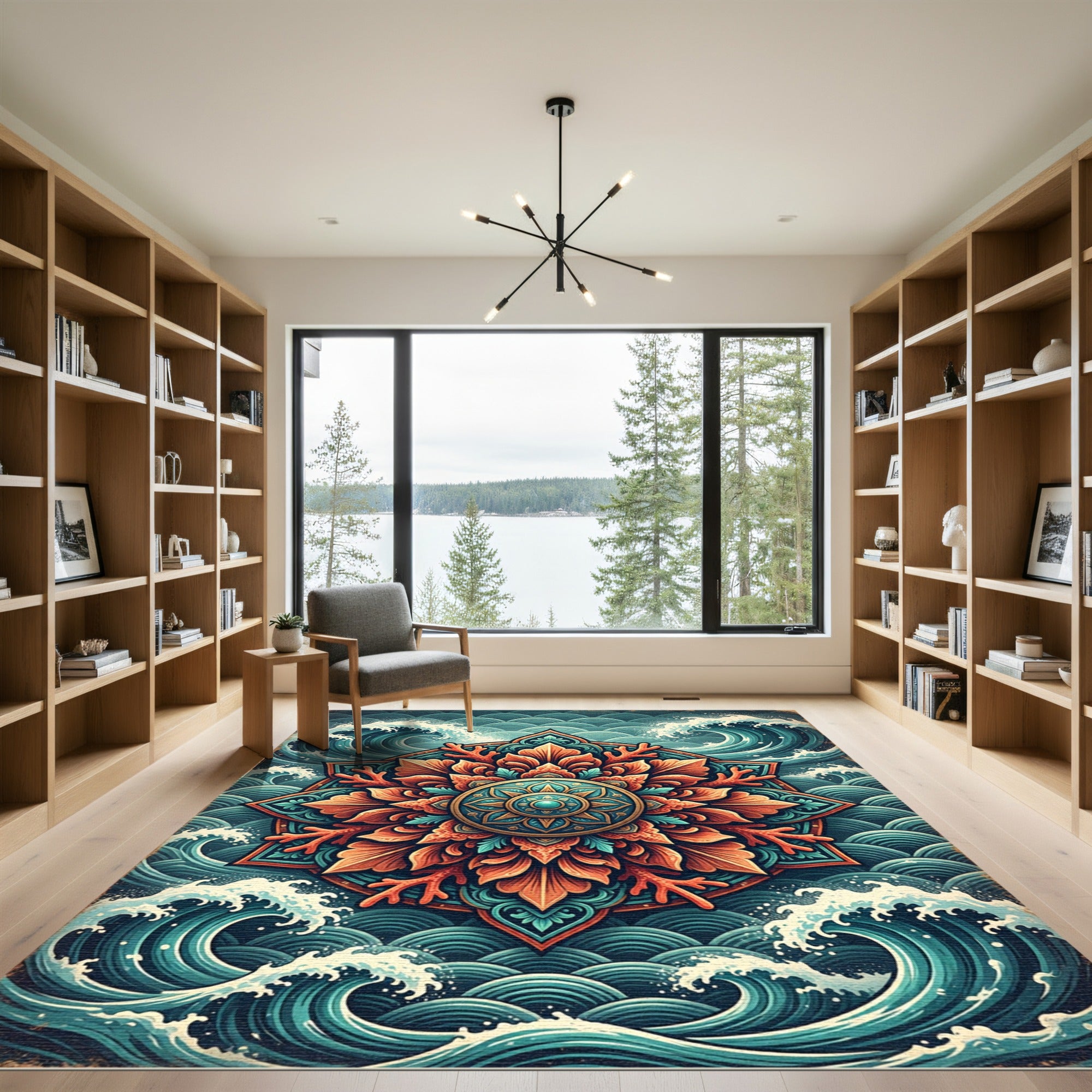 Ornate Coral Mandala with Ocean Waves Rug