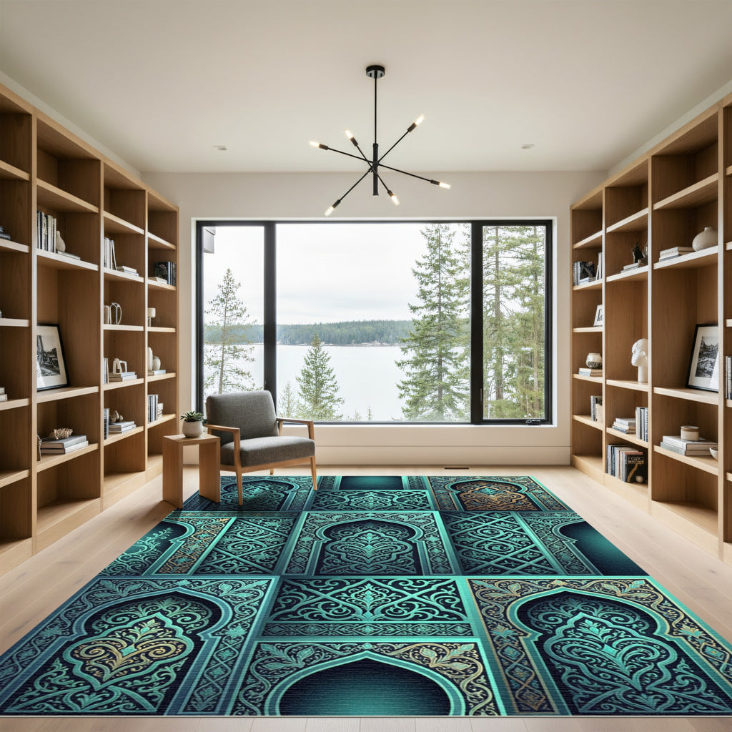 Teal Arched Palace Ornamental Damask Rug