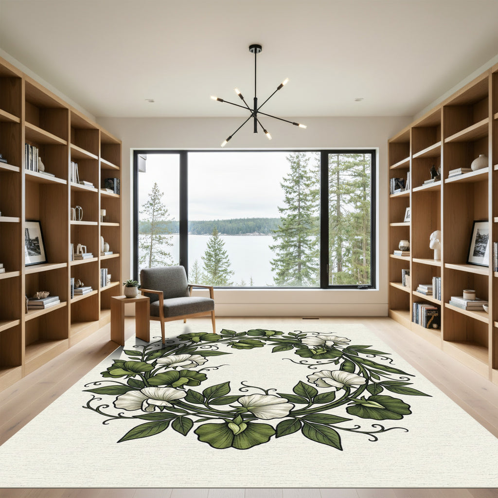 Botanical Green White Sweet Pea Wreath Rug