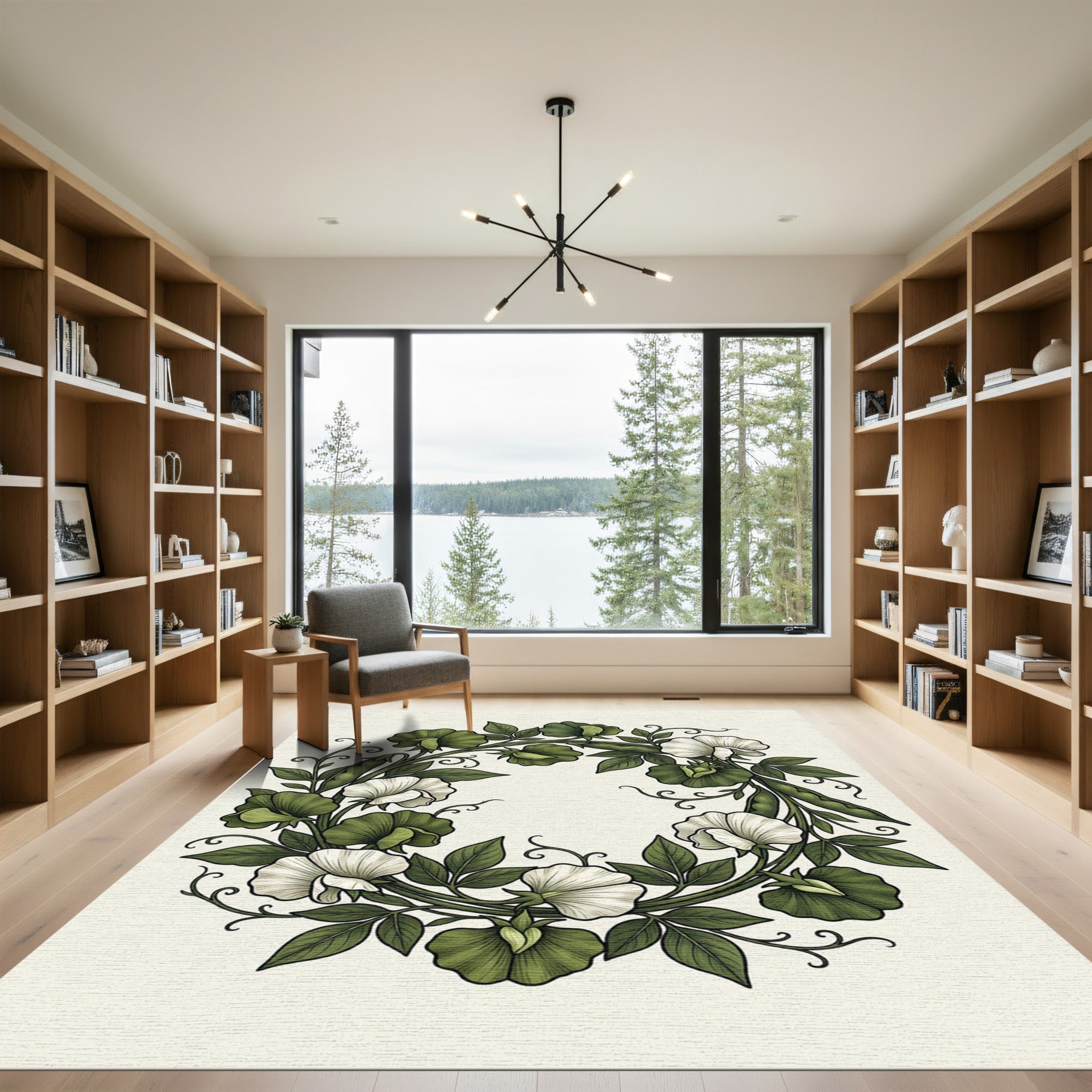 Botanical Green White Sweet Pea Wreath Rug