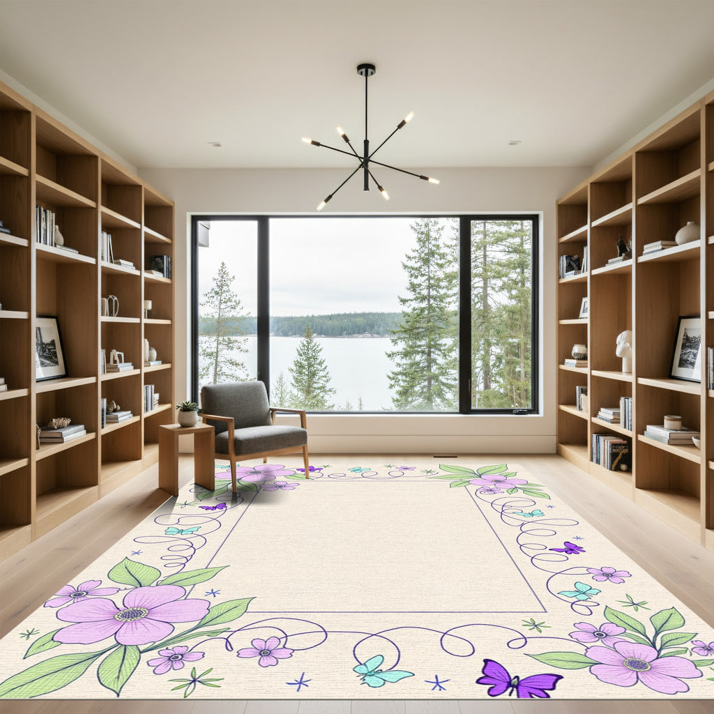 Pastel Lavender Floral Butterfly Swirl Rug