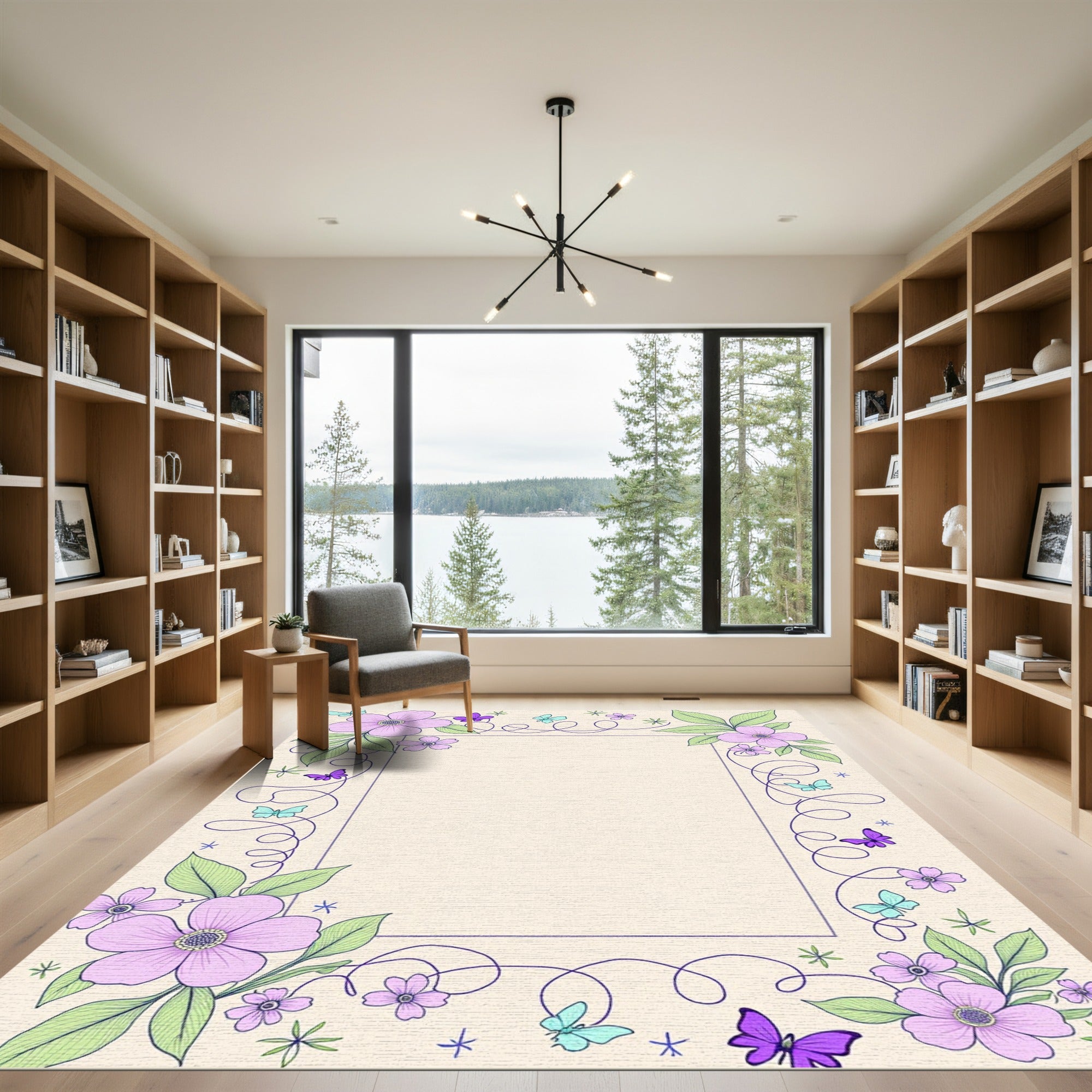 Pastel Lavender Floral Butterfly Swirl Rug