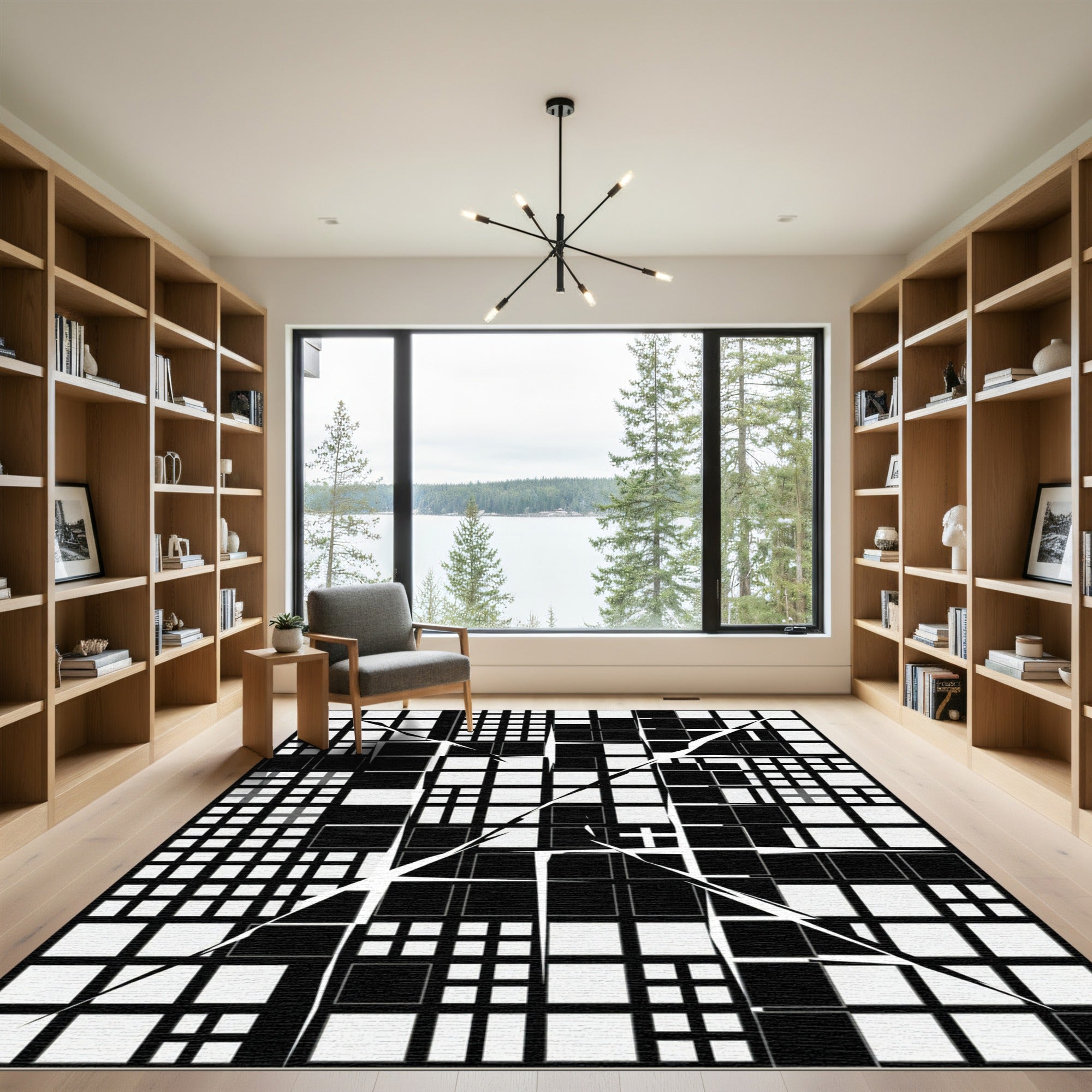 Modern Monochrome Geometric Fractured Grid Rug