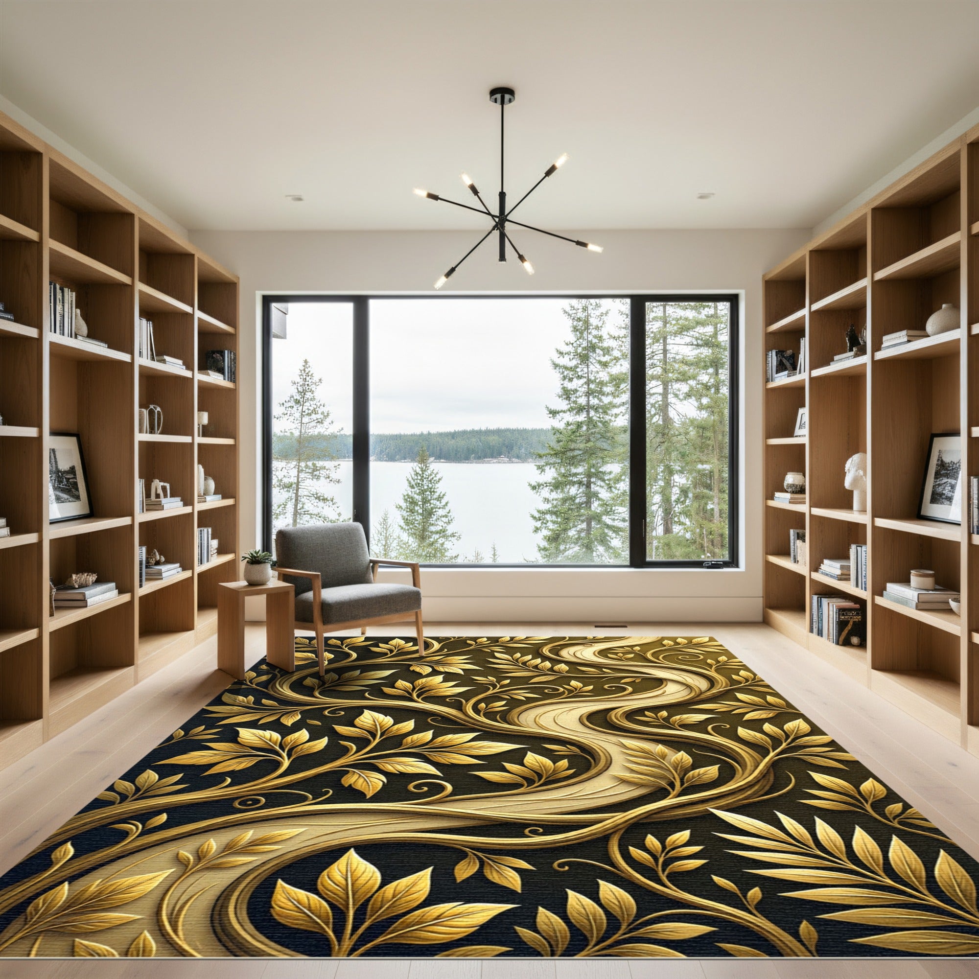 Elegant Golden Vine Foliage Swirls Rug