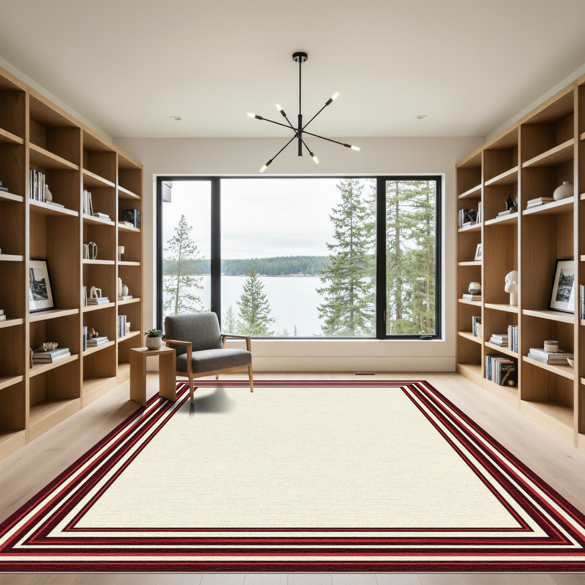 Crimson Layered Geometric Border Rug